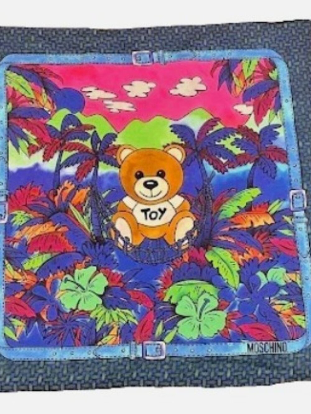 Vintage Moschino Teddy Bear Silk Scarf, Made in Italy, Neon Tropical